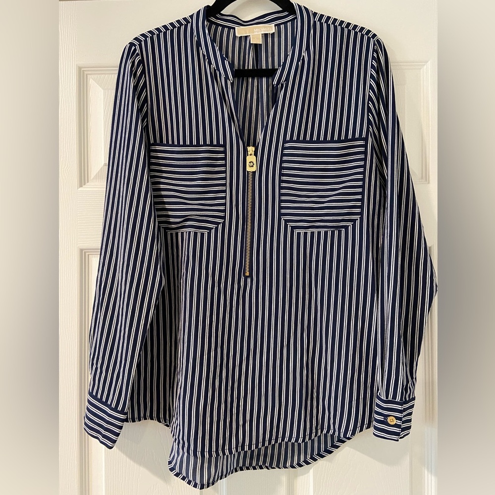 Michael Kors Women's Navy and White Striped Blouse Size L